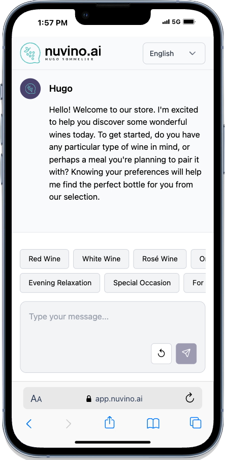Capture d'écran de l'interface de chat du Sommelier IA Hugo