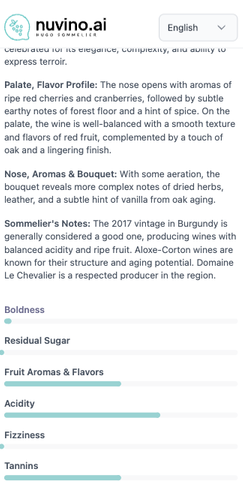 Vue détaillée d'un vin dans le menu digital.